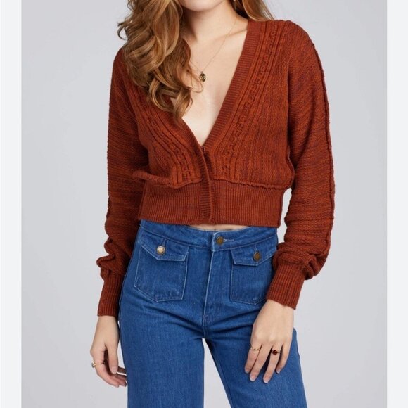 Free People We The Free Rust Red V-Neck Cropped Sweater Cardigan Women’s Size XS - Picture 1 of 8